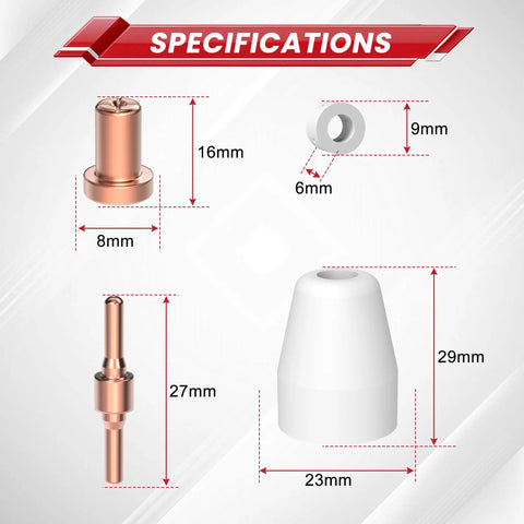 Dimensions and specifications of 60Pcs PT31 Plasma Cutter Consumables Set Includes Torch Tips And Nozzles For CUT55A Fit LG40 JG40 PT31 Replacement Parts For Clean Precise Cuts And Pro Grade Long Lasting Wear