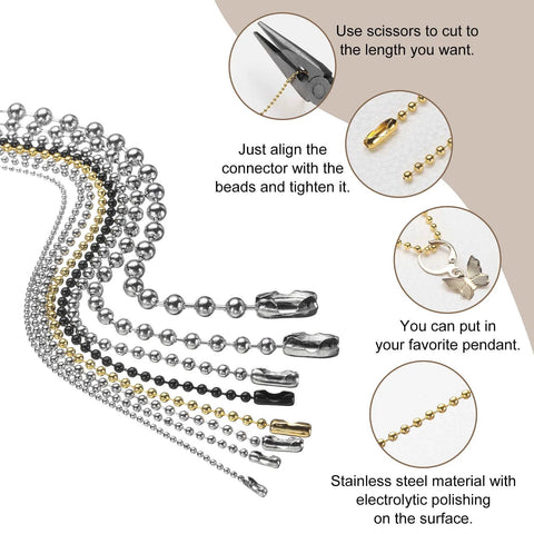 Stainless Steel Ball Chain 5.0mm 23.6 Inch Length 316L Round Bead Necklace Dog Tag Pull Chain With Connectors Clasps for DIY jewelry