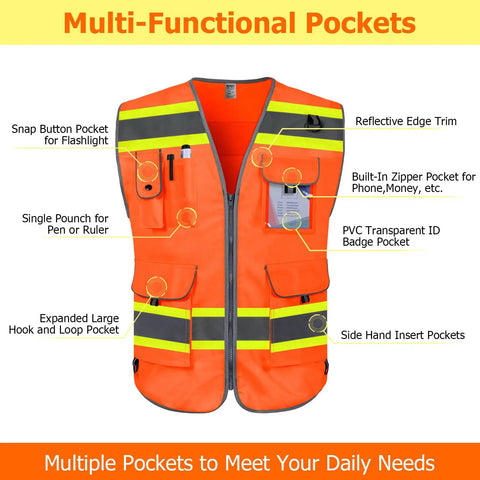 Workhorse High Visibility Safety Vest For Men Featuring Nine Deep Utility Pockets with reflective tape, designed for visibility on job sites.