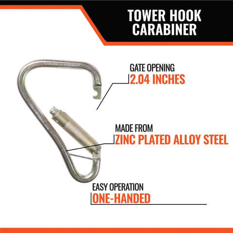 Heavy Duty Steel Locking Carabiner For Fall Protection Systems And Tower Hook Applications, Zinc Plated Alloy Steel