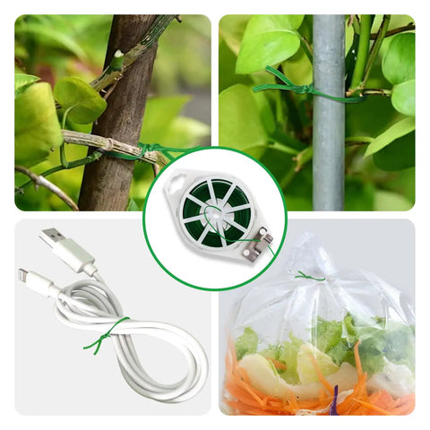 Two Pack 492Ft Garden Twist Ties With Built In Cutter shown used on plants, cables, and bags with a reel centered in the image.