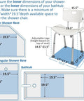 Diagram showing dimensions for FSA/HSA Eligible Adjustable Shower Chair With Easy Tool-Free Assembly in various shower setups.