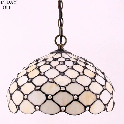 Tiffany Style Cream Amber Bead Stained Glass Pendant Light Fixture, 12 Inch Wide Shade, 32 Inch Hanging Cord With 24 Inch Chain