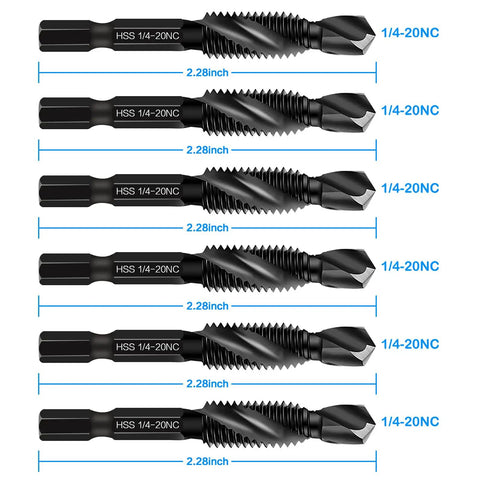 Combo Drill Tap Bit Set, Six-Piece 1/4-20 NC Dual Drill And Tap Bits, High Speed Steel with anti-rust blackened coating, front view