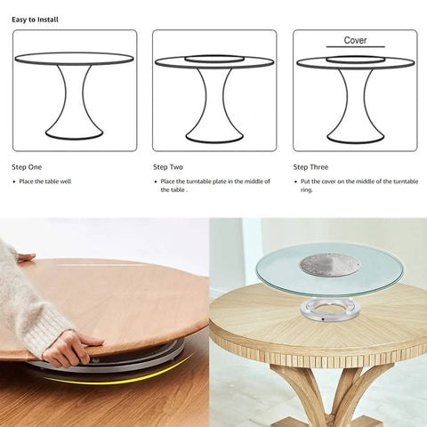 Installation steps and usage of Heavy Duty Lazy Susan Turntable for kitchen and dining tables, 360° rotating aluminum swivel plate.