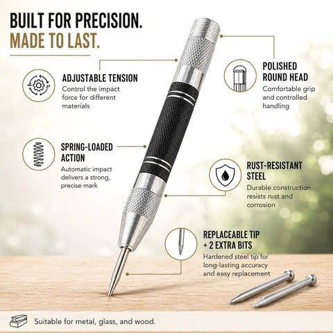 5 Inch Automatic Center Punch With 2 Spare Tips Adjustable Tension Spring Steel Marking Tool detail with polished head and spring mechanism.