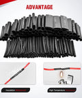 650-Piece Heat Shrink Tubing Kit With 3:1 Shrink Ratio, waterproof and flame retardant, black tubing displayed with insulation