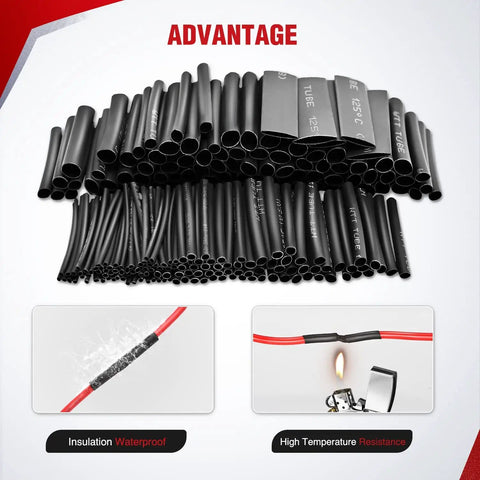 650-Piece Heat Shrink Tubing Kit With 3:1 Shrink Ratio, waterproof and flame retardant, black tubing displayed with insulation