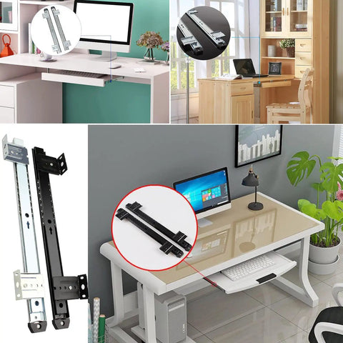 Two Pack 350mm Telescopic Keyboard Tray Guides With Height Adjustable Steel Rails In Black And Silver Heavy Duty Ball Bearing Sliding Runners Smooth Quiet Glide 40kg Capacity Badass Durability For Your Desk Always. For office keyboard trays