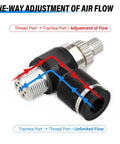 Air Flow Control Valve for Pneumatic Systems, 3/8 Inch Tube OD to 1/4 Inch NPT, Push To Connect Elbow 90 Degree Fitting, diagram