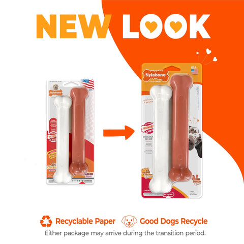Power Chew Original Bone Dog Toys For Aggressive Chewers Durable Chicken And Bacon Flavor 2 Pack in new and old packaging