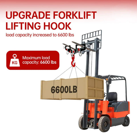Heavy Duty Twin Forklift Lifting Hooks Featuring Bold Swivel Heads And Tight Mounting Bolts For Standard Tractor Or Garage Forks No Fuss Setup, lifting a 6600 lb load.