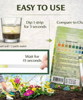 Instructions for using Soil pH Test Strips Kit For Gardens And Lawns, 100 Tester Strips, 3.5 To 9 Range, showing strip and chart.
