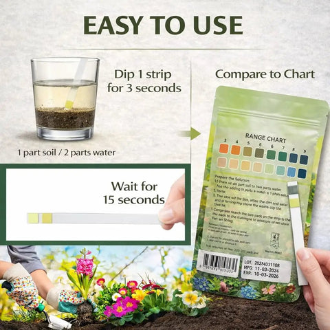 Instructions for using Soil pH Test Strips Kit For Gardens And Lawns, 100 Tester Strips, 3.5 To 9 Range, showing strip and chart.