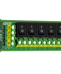 Beefy Six Channel DC Power Distribution Strip With DIN Rail Mount And Rocker Switches, 0 To 50V, 30A Total, Each Channel Up To 10A, 6 Outputs, Wire Up To 26 To 10 AWG, Heavy Duty Industrial Power Control Module, front view, showing all channels and switches.