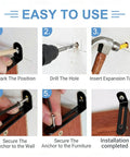 Easy installation steps for Heavy Duty Anti Tip Furniture Anchors Steel Wall Brackets. Includes marking, drilling, and securing.