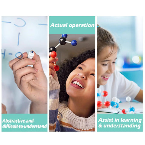 Molecular Model Kit For Chemistry Learning, child smiling and assembling 125 pieces ball and stick models in classroom setting