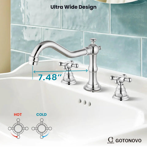 Dope Vintage Chrome 8 Inch Widespread Bathroom Faucet With Two Cross Handles, 3 Hole Lavatory Vanity Mixer Tap