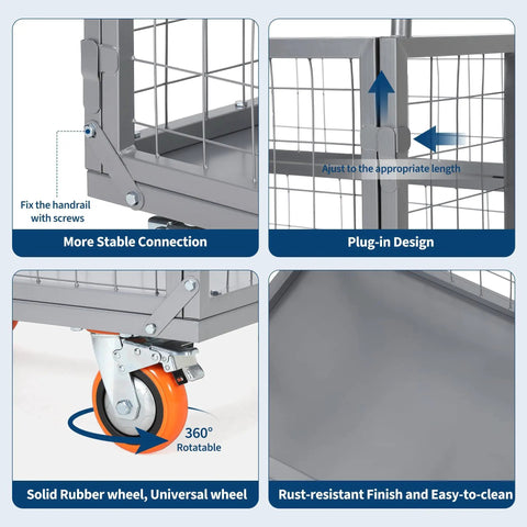 Heavy-Duty 1800 Lb 6-In-1 Foldable Platform Cart With Cage, 360 Degree Wheels, detail of wheel, screw handrail, and rust-resistant finish