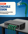 Green 0.5 Foot Cat6a Patch Cables 10 Pack Ultra Thin Bendable Ethernet Cables shown connected to router, highlighting bendable design.