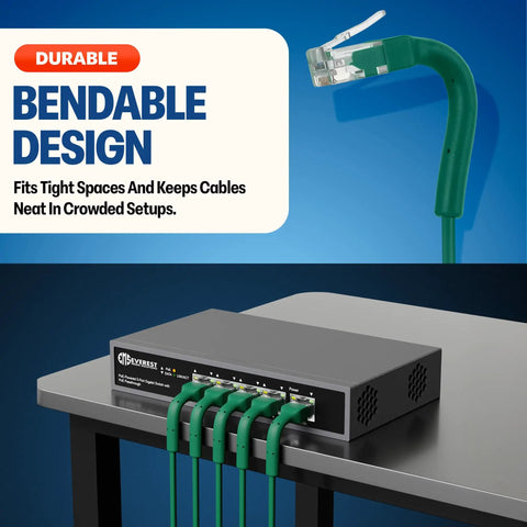 Green 0.5 Foot Cat6a Patch Cables 10 Pack Ultra Thin Bendable Ethernet Cables shown connected to router, highlighting bendable design.