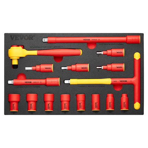Hardcore 16-Piece Insulated Socket Set With 1000V Safety Rating showing red and yellow tools arranged in foam tray.