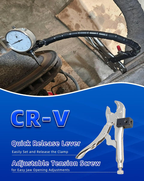 Pro Grade Disc Brake Rotor Gauge For Runout And Flatness Check, flexible arm, 0.01 mm precision dial indicator in use on rotor