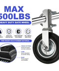 Heavy Duty Gate Wheel For Metal Swing Gate Smooth Rolling Lift With Lock On Non Slip Grip And Built Like A Tank Serrated Mount For Round Pipe Frames In 2 Pack Silver close-up image showing tire-grade solid rubber material and load capacity.