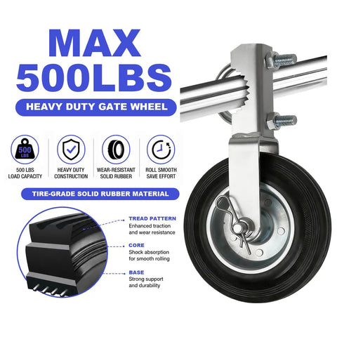 Heavy Duty Gate Wheel For Metal Swing Gate Smooth Rolling Lift With Lock On Non Slip Grip And Built Like A Tank Serrated Mount For Round Pipe Frames In 2 Pack Silver close-up image showing tire-grade solid rubber material and load capacity.