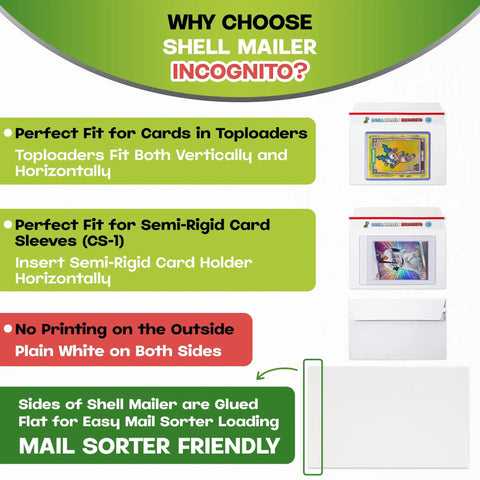 Shell Mailer Incognito Trading Card Envelopes 100 Pack, 7x4.35 lightweight card mailers with semi-rigid and toploader packaging info