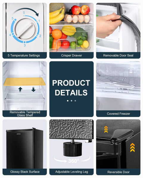 Upstreman 3.2 cu ft black single-door mini fridge with freezer for dorm/office; adjustable thermostat and crisper drawer.