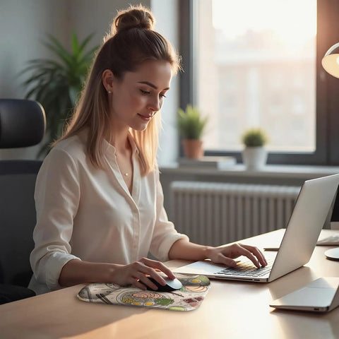 Woman using Ergonomic Mouse Pad With Gel Wrist Rest Dual Height One Inch And One Point Two Inch in office setting
