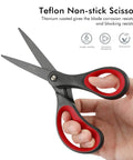 Hand holding Two Pack 8 Inch Titanium Nonstick Scissors With Comfort Grip For Office And Craft, All Purpose Cutting Tool, Red And Black