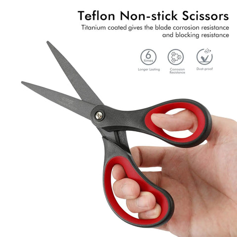 Hand holding Two Pack 8 Inch Titanium Nonstick Scissors With Comfort Grip For Office And Craft, All Purpose Cutting Tool, Red And Black