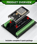 Sweet ESP32 Breakout Terminal Adapter 38 Pin 5 Pack Circuit Boards with green screw terminals and ESP32 module highlighted.