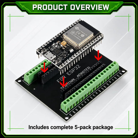 Sweet ESP32 Breakout Terminal Adapter 38 Pin 5 Pack Circuit Boards with green screw terminals and ESP32 module highlighted.