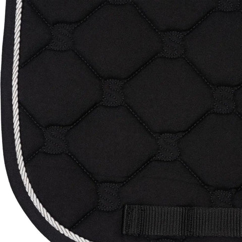 Close-up of Quilted Contoured Dressage Pad With Braided Trim For Top Notch Horse Comfort And Smooth Arena Performance in white stitching.