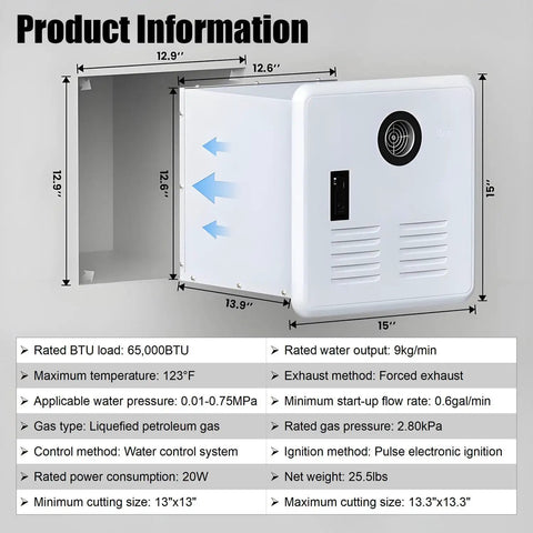 65000 BTU Tankless Gas Water Heater Dropping 3.9 GPM Straight Boiling Hot Water For RV Camper Shower Setup dimensions and specs image.