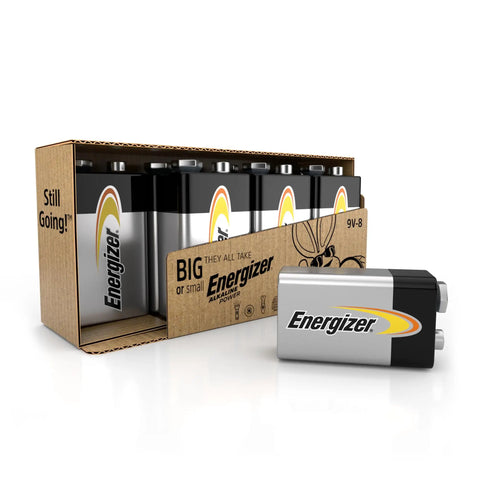 Top Shelf 9V Alkaline Batteries Eight Pack in packaging, designed for smoke alarms and emergency gear.
