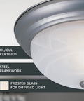 Close-up of Reedley Dope Two Light Flush Mount Ceiling Light with White Alabaster Glass and Pewter Finish, showing steel frame detail.