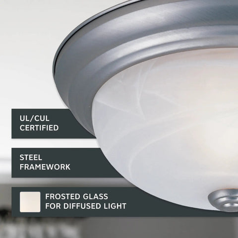 Close-up of Reedley Dope Two Light Flush Mount Ceiling Light with White Alabaster Glass and Pewter Finish, showing steel frame detail.
