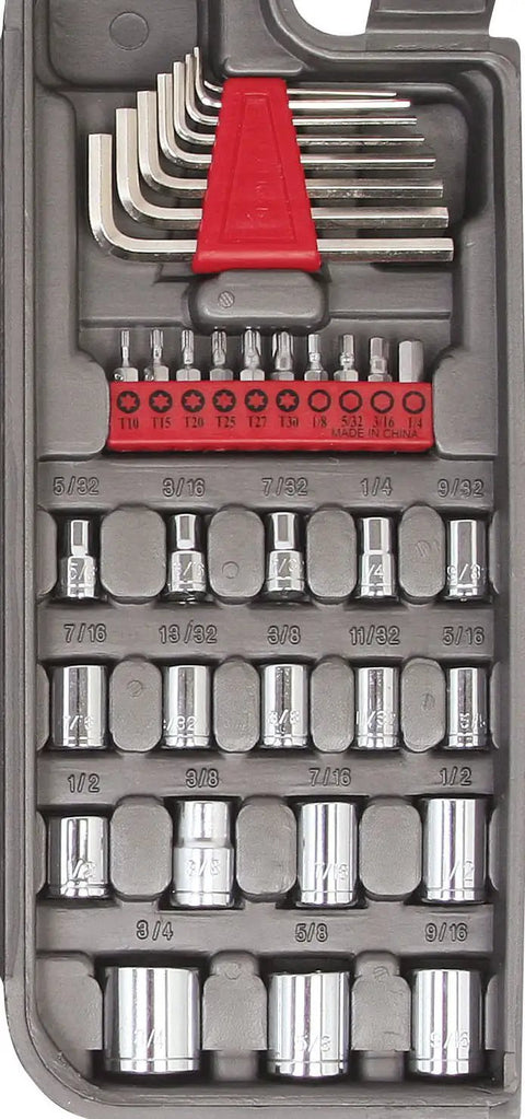 79 Piece Multi Purpose SAE And Metric Tool Set With Sockets for the Garage, organized in a red and grey case