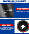 Close-up of 32mm socket from Half Inch Drive Deep Spindle Axle Nut Impact Socket Set, 12 Point Metric, CR-MO, heavy-duty vehicle tool