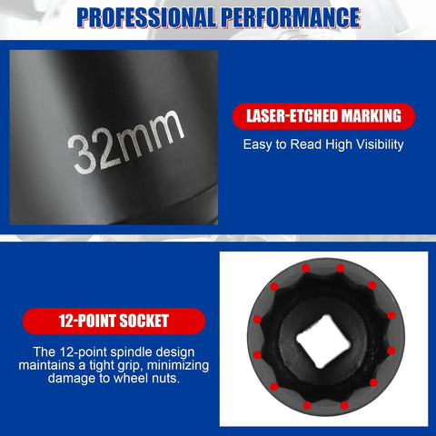 Close-up of 32mm socket from Half Inch Drive Deep Spindle Axle Nut Impact Socket Set, 12 Point Metric, CR-MO, heavy-duty vehicle tool
