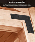 L Shape Corner Bracket Mending Plate Right Angle Built To Last Heavy Duty Black Powder Coated Carbon Steel on wood frame