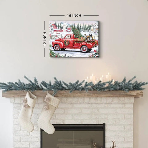 Vintage Red Pickup Truck Christmas Canvas Wall Art 12X16 Inch Rustic Farmhouse Decor With Christmas Tree Scene