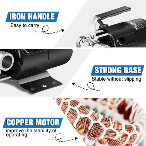 Image of Powerful 115V Water Transfer Pump with iron handle, strong base, and copper motor showcasing durability and portability features.