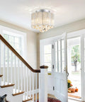 Crystal Flush Mount Ceiling Light With White Fabric Shade, 12 Inch Modern Drum Fixture in an entryway setting