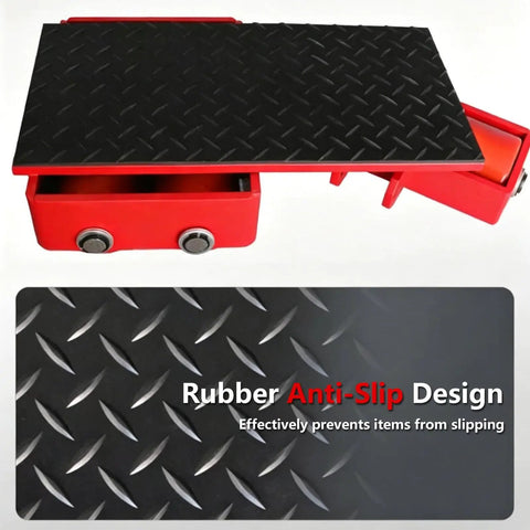 Heavy Duty Industrial Machinery Mover Featuring 180 Degree Rotating Machine Moving Skates with rubber anti-slip design and red frame.