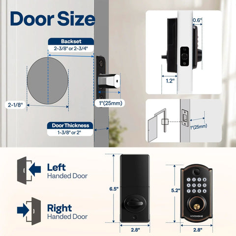 Image showing dimensions and installation details for the Keyless Entry Door Lock With Fingerprint And Passcode, Electronic Deadbolt.